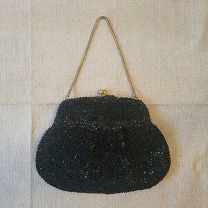 Mid-Century Black Beaded Evening Bag, hand-beaded in Hong Kong